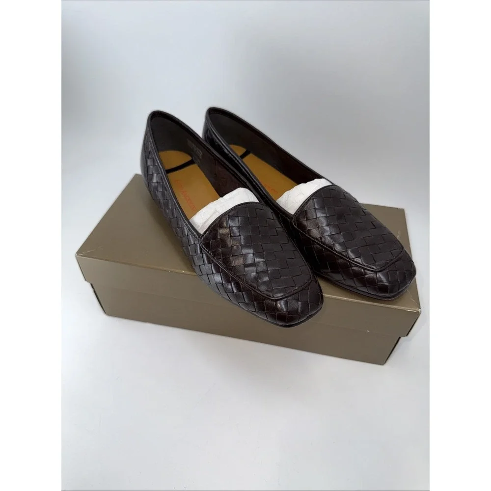 Enzo Angiolini Women's Brown Woven Leather Square Toe Slip-On Loafers 7.5M
